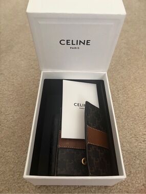Celine CELINE Black Canvas & Brown Leather Trifold Card Holder with COA